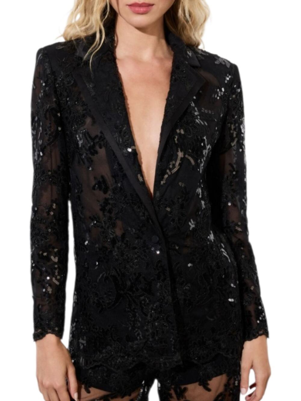 Alice + Olivia Black Embroidered Sequin Embellished‎ Sheer Judith Blazer